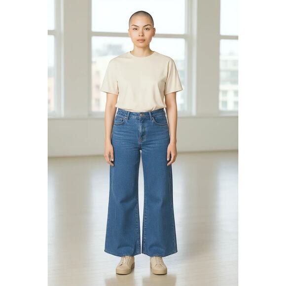 Pilcro Designed By Phila Womens 27' Blue Denim Wide-Leg High Rise Raw Hem Jeans - Picture 1 of 11